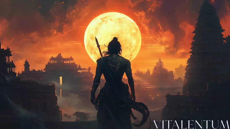 Backlit warrior silhouette aligned against colossal rising moon