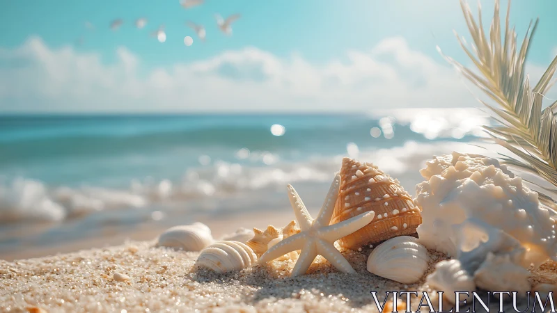 Sunlit seashells and starfish rest quietly on a tranquil shore.