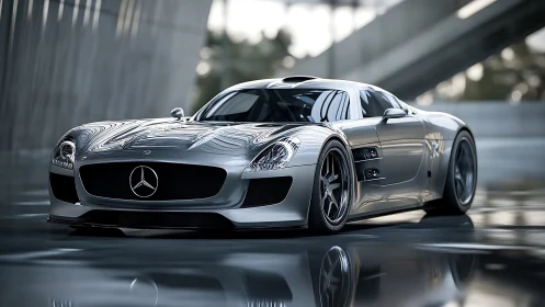 Sleek silver sports coupe under soft reflective showroom light.