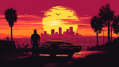 Silhouetted man and car face sunlit city skyline at dusk