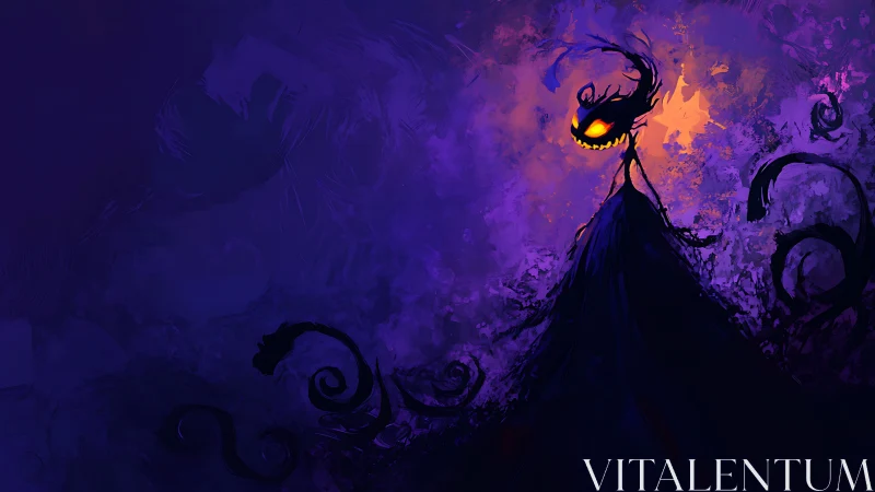 Sinister jack-o-lantern wraith amid swirling violet void.