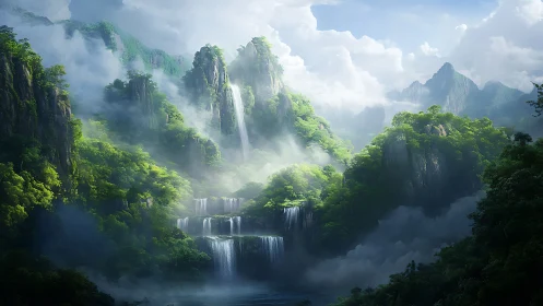 Misty tiered waterfalls cascade through lush emerald mountains