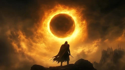 Lone wanderer watching a blazing eclipse of molten sky.