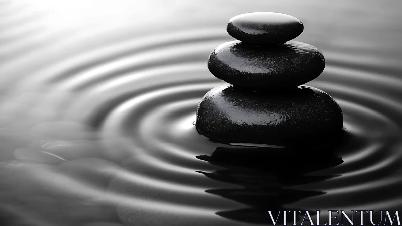 Stacked wet stones in concentric water ripples at center.