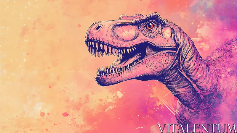 Ferocious dinosaur portrait on neon watercolor splatter background.