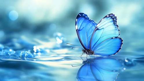 Vivid blue butterfly resting on water in dreamy, soft focus style.