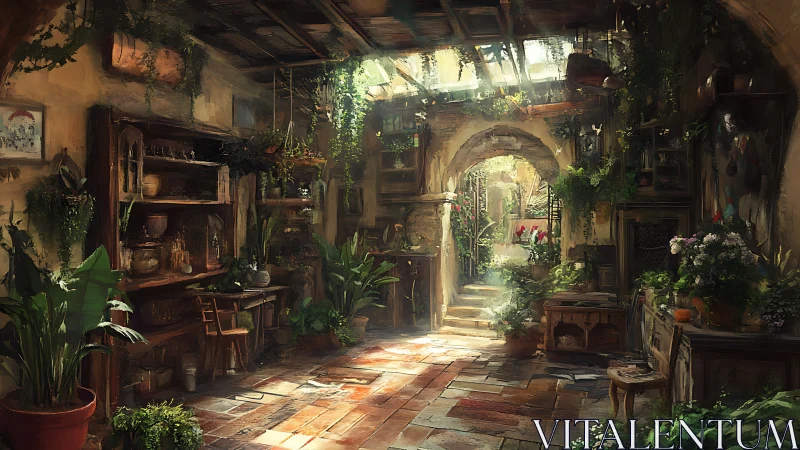 Sunlit rustic conservatory filled with lush indoor greenery.