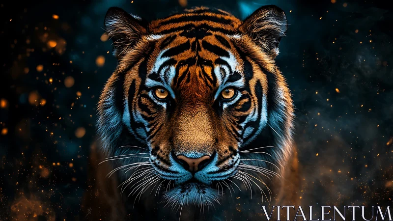 Tiger portrait with intense gaze in glowing dark scene.