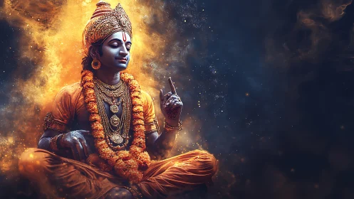 Serene blue-skinned deity in ornate meditative pose.