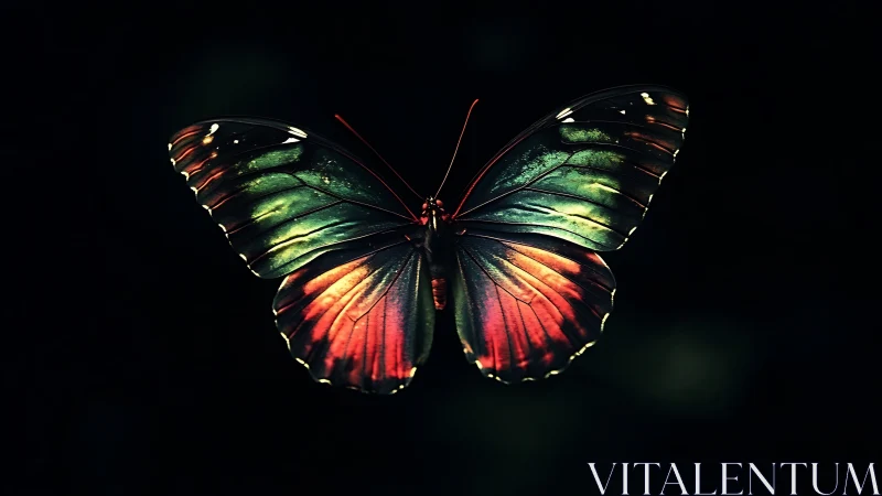 Colorful butterfly with glowing wings on dark background.