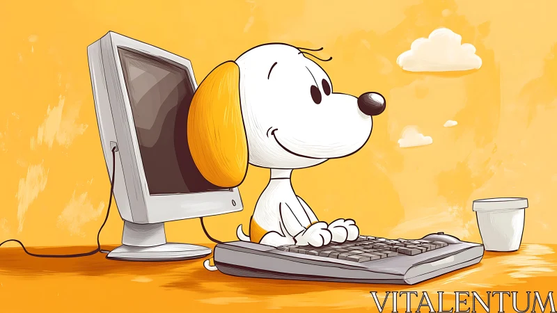 Keyboard-happy cartoon pup codes clouds on citrus skies
