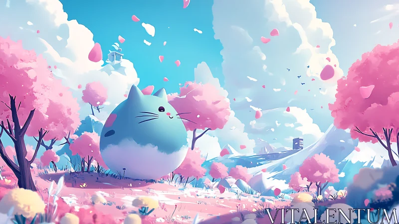 Giant pastel cat balloon rests in drifting cherry blossom meadow