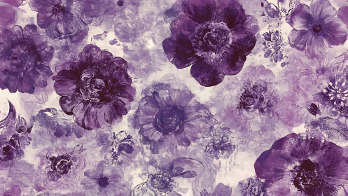 Violet floral abstraction spreads across textured canvas field.