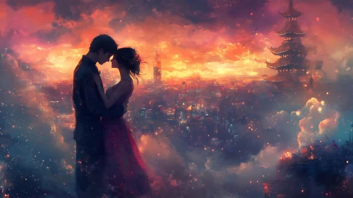 Star-kissed lovers over neon city and drifting pagoda skies.