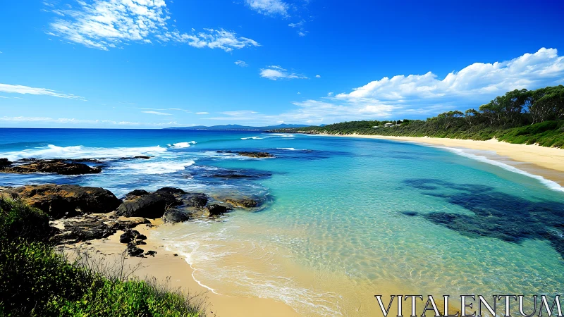 Sunlit turquoise waves curl along a secret sapphire shoreline