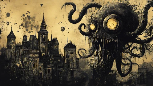 Moon-eyed ink leviathan leers over a crumbling clockwork city