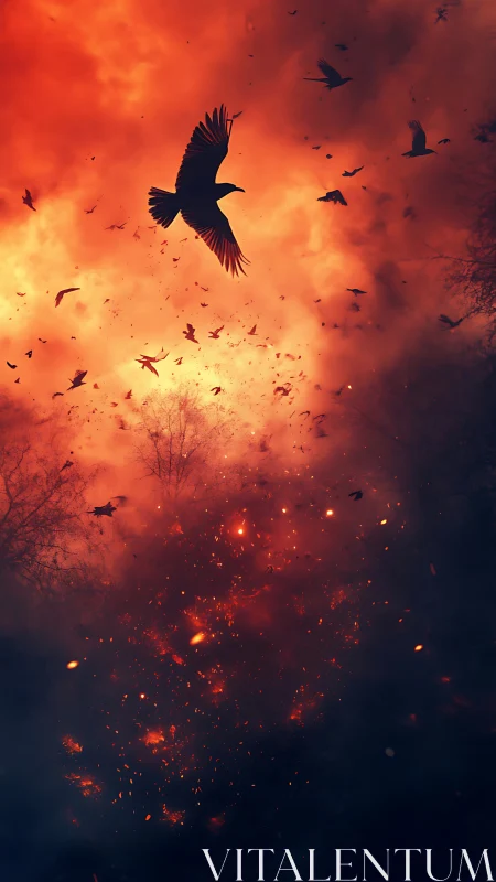 Soaring crow glides through glowing ember filled twilight sky