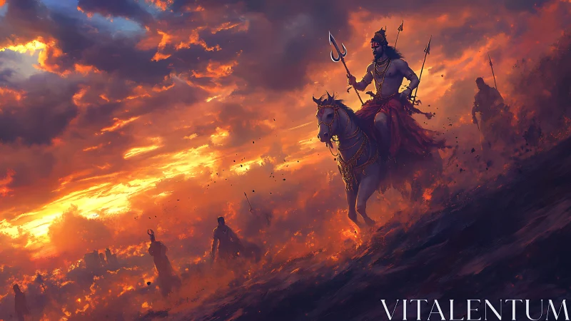 Digital painting of warrior cavalcade under incendiary sky.
