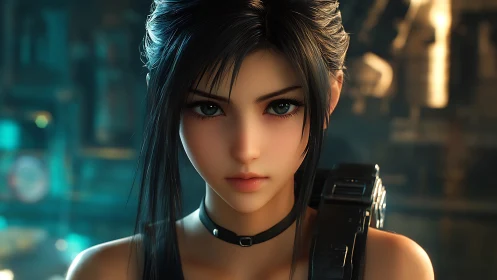 Close frontal portrait of armed digital female character.