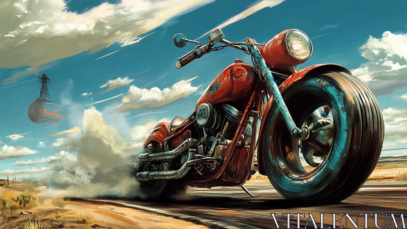 Red desert motorcycle surges forward under a vivid sky