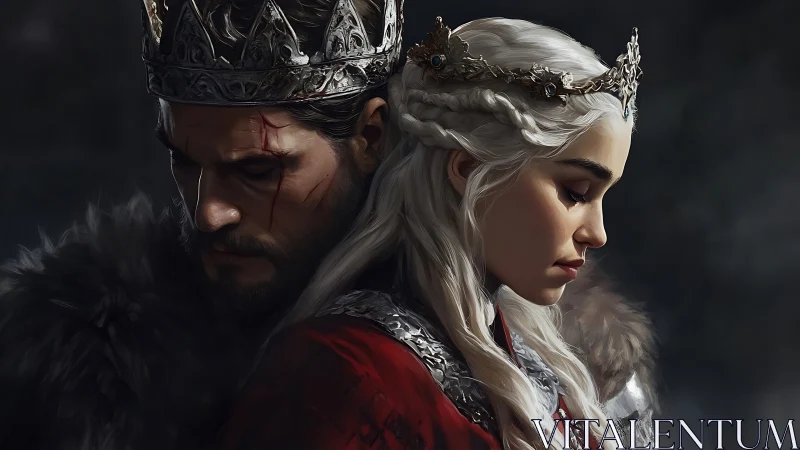 Solemn fantasy king and queen in detailed regalia.