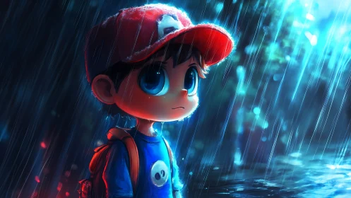 Rain-soaked dreamer boy under neon stormlight.