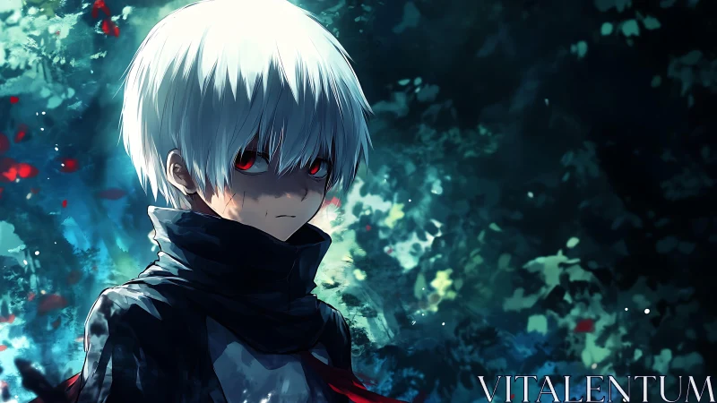White-haired anime boy stares ahead in a dark, glowing forest