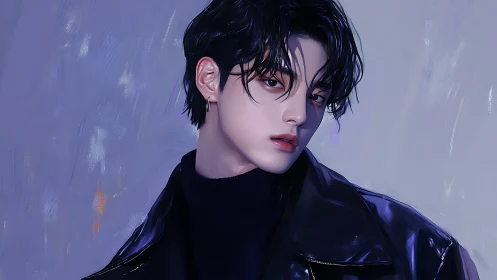 Cool-toned digital portrait of androgynous youth in glossy jacket