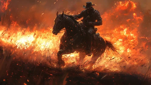 Silhouetted Equestrian Rider Through Inferno Landscape.
