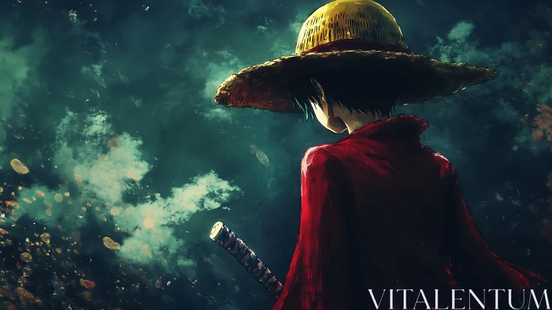 Anime lone swordsman in straw hat, dramatic back lighting.
