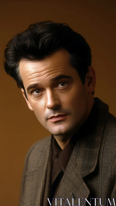 Suit-clad daydreamer under warm studio glow, quietly poised.