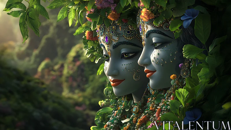 Twin blue-skinned jeweled faces emerging from lush rainforest canopy