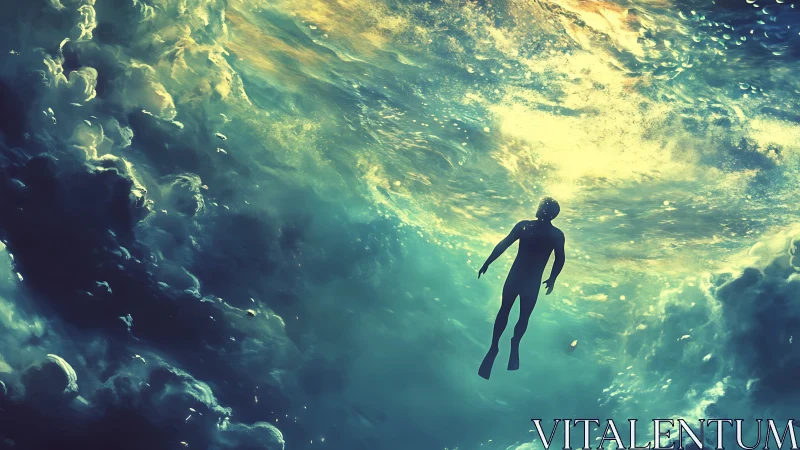 Solitary diver ascending through luminous teal clouds.