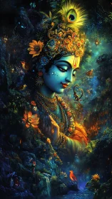Digital portrait of blue-skinned deity in dense luminous forest