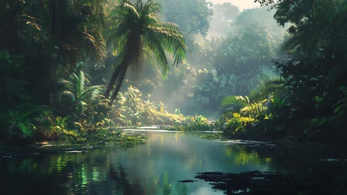 Misty Jungle Waterway Bathed in Golden Sunlight