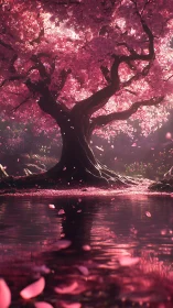 Luminescent cherry blossom tree arches over reflective pond