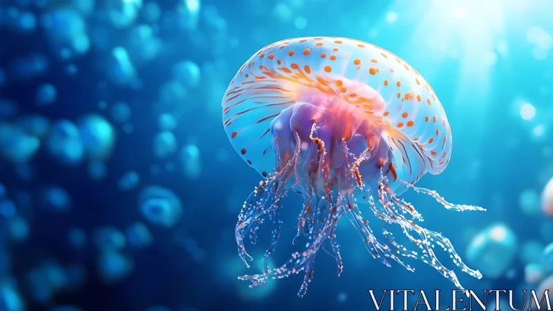 Digital painting study of luminescent jellyfish in blue water.
