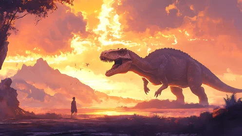 Human faces towering dinosaur under blazing sunset sky