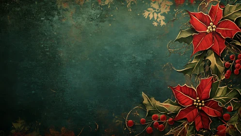 Textured teal backdrop with ornate red poinsettia corner border