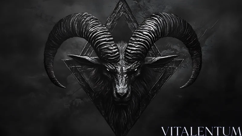 Dark horned goat head emblem on textured black background.