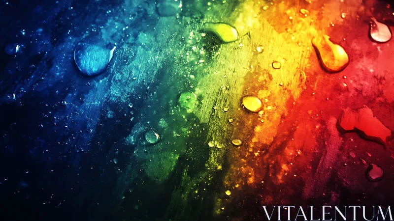 Colorful water droplets on textured rainbow surface.