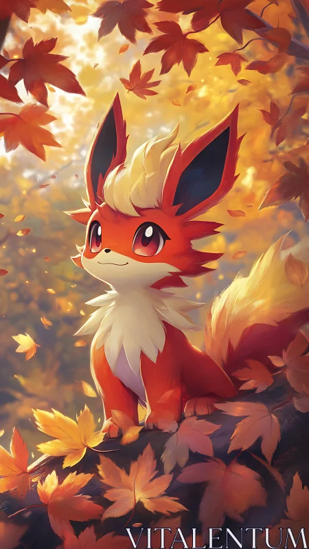Fiery fox creature in softly glowing autumn forest scene.