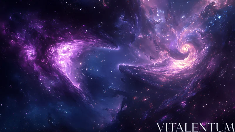 Cosmic nebula vortices in luminous violet starfield.