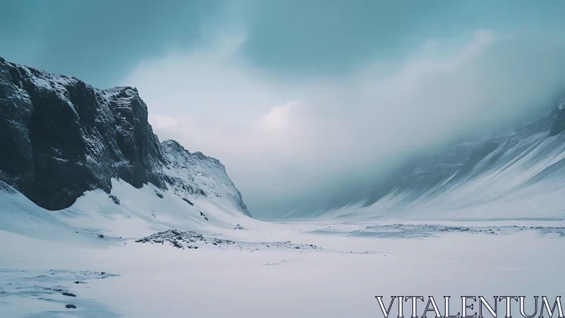 Silent glacial valley under teal storm-lit sky.