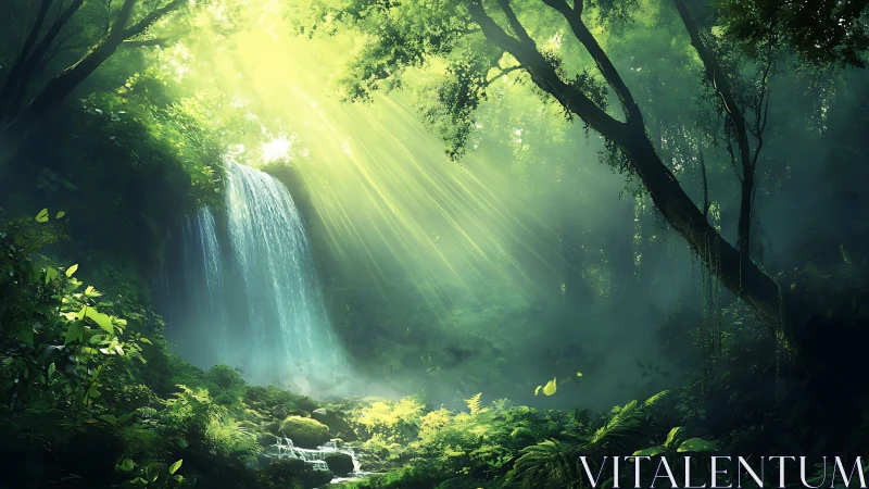 Volumetric light-based volumetric rendering of dense forest canopy with waterfall and volumetric God