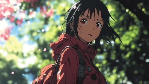 Anime hiker girl in red jacket under dappled forest light