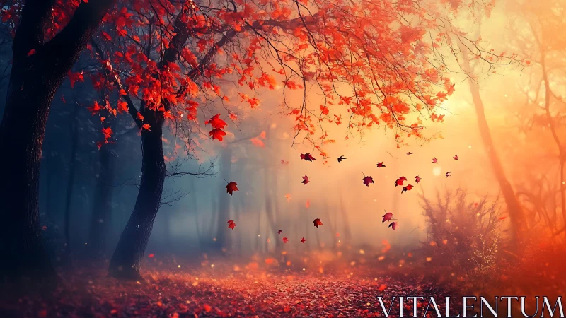 Digital painting of luminous autumn forest with drifting leaves.