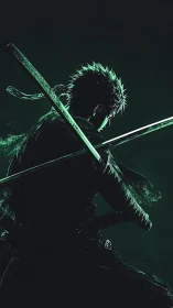 Neon-lit swordsman silhouette with dramatic twin blades.