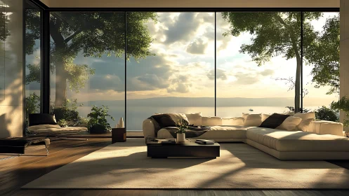 Lakefront glass living room frames golden sunrise view.