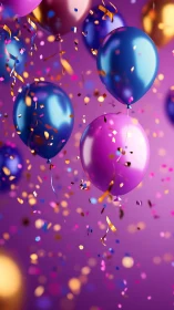Vibrant balloons burst amid confetti against purple gradient.